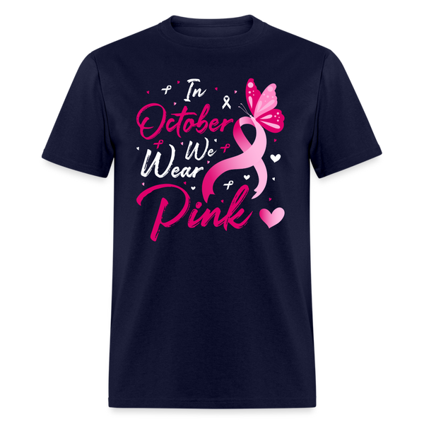 66058 In October We Wear Pink - Butterfly on Ribbon TSHIRT - navy