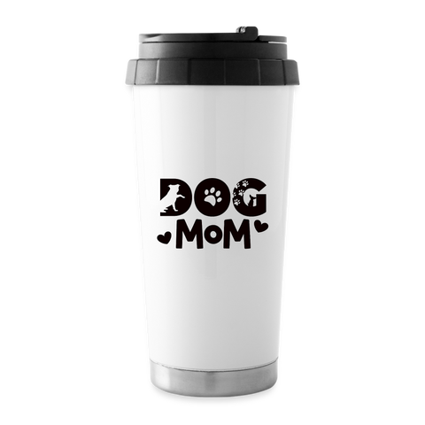 6797 Dog Mom in Black TRAVEL MUG w Lid Handle - white