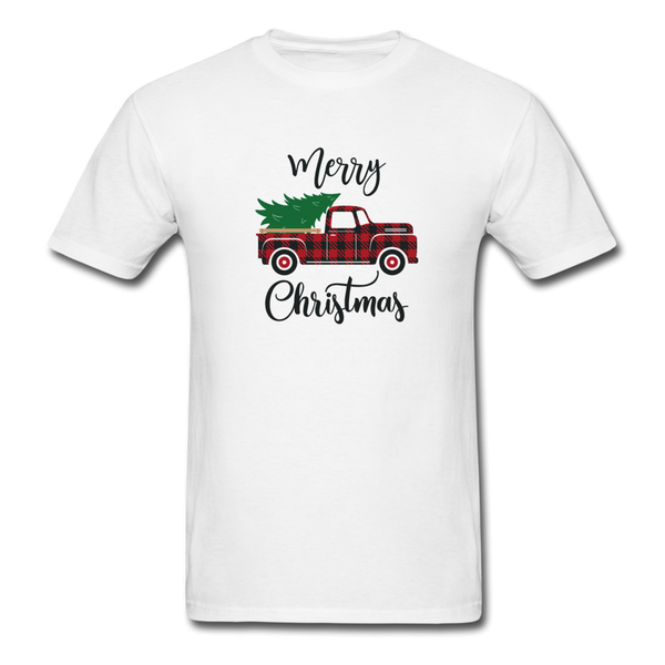 1091 1/4S Merry Christmas Buffalo Plaid Truck PREMIUM TSHIRT - white