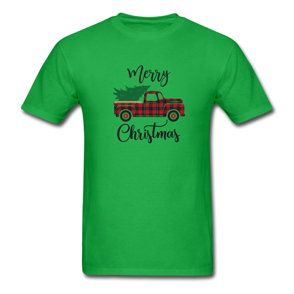 1091 1/4S Merry Christmas Buffalo Plaid Truck PREMIUM TSHIRT - bright green