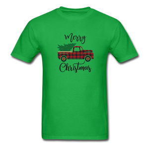 1091 1/4S Merry Christmas Buffalo Plaid Truck PREMIUM TSHIRT - bright green