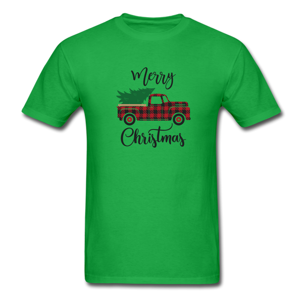 1091 1/4S Merry Christmas Buffalo Plaid Truck PREMIUM TSHIRT - bright green