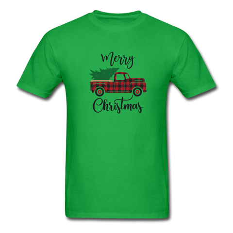 1091 1/4S Merry Christmas Buffalo Plaid Truck PREMIUM TSHIRT - bright green