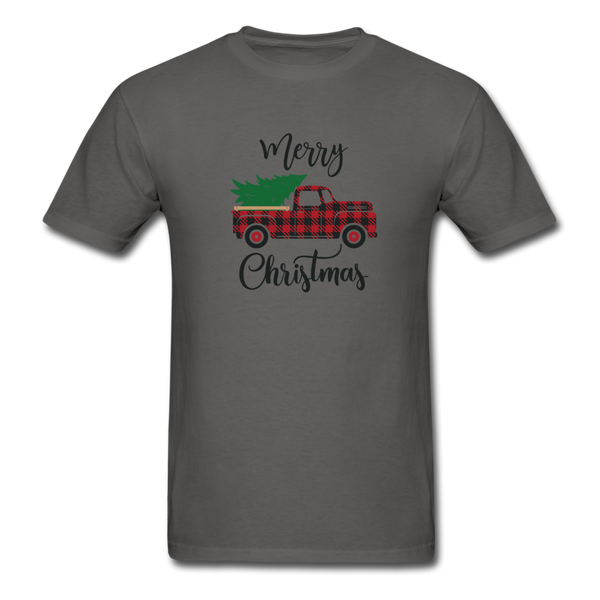 1091 1/4S Merry Christmas Buffalo Plaid Truck PREMIUM TSHIRT - charcoal