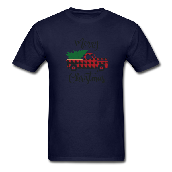 1091 1/4S Merry Christmas Buffalo Plaid Truck PREMIUM TSHIRT - navy