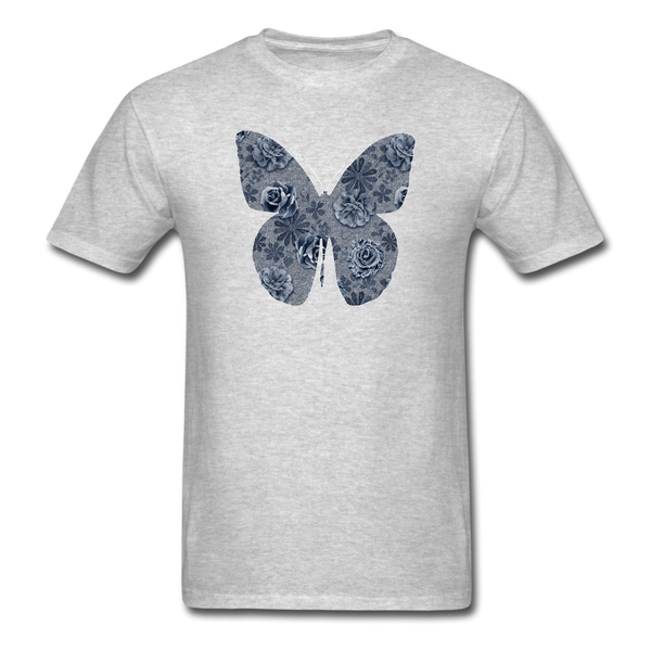 8321 1/4S Cindys Denim Look Floral Butterfly PREMIUM TSHIRT - heather gray