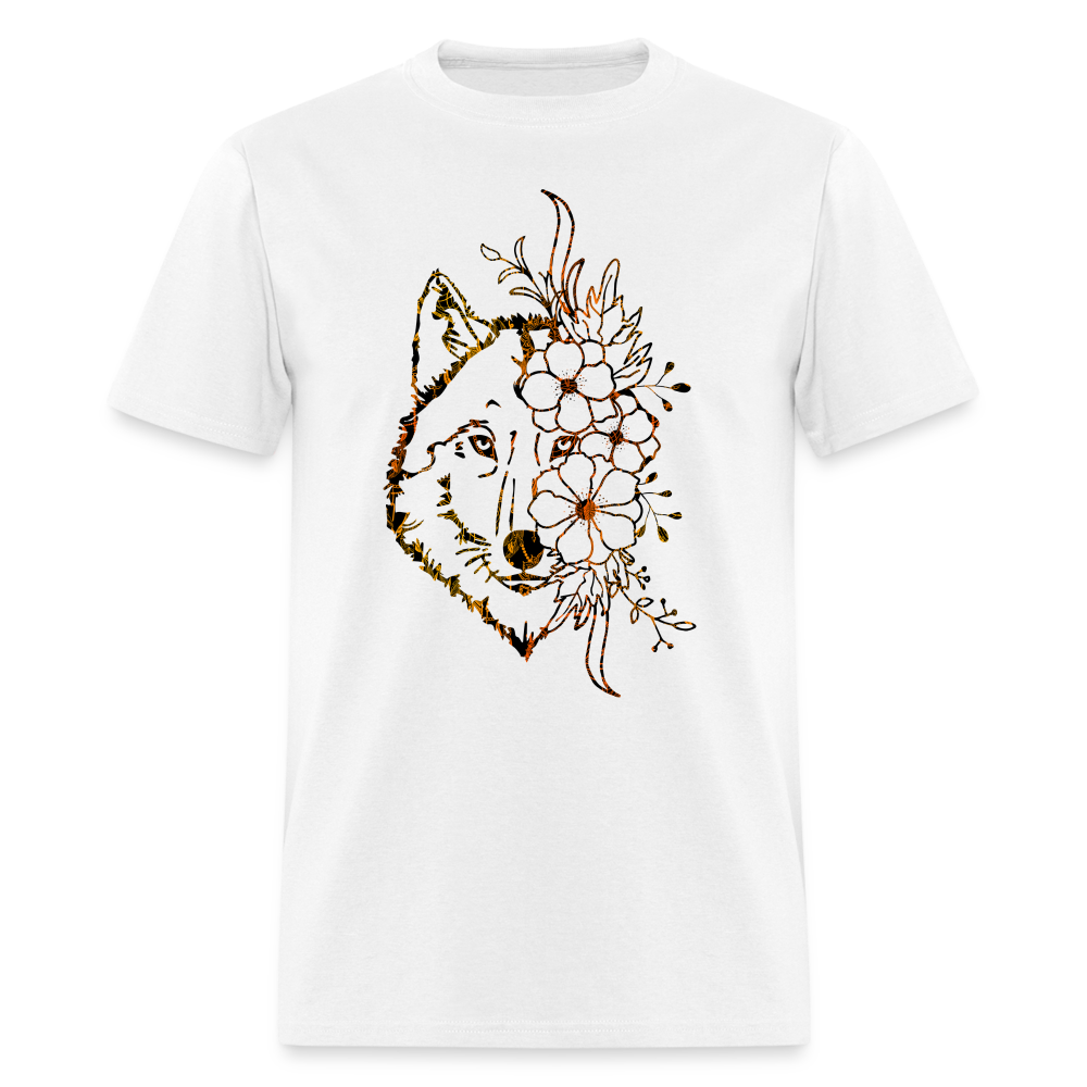 8268 1/4S Indian Summer Dreams Wolf with Flowers PREMIUM TSHIRT - white
