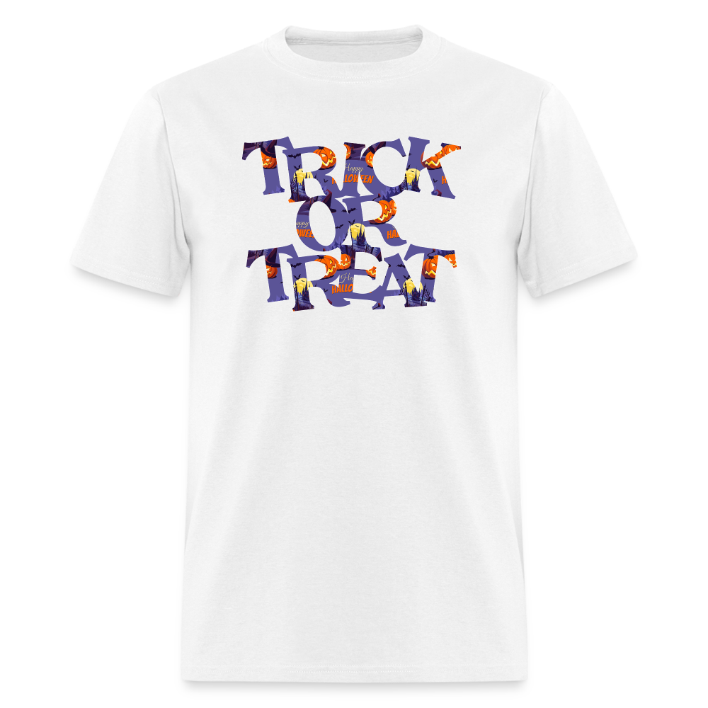 8042 1/4S Happy Halloween on Purple Trick or Treat PREMIUM TSHIRT - white