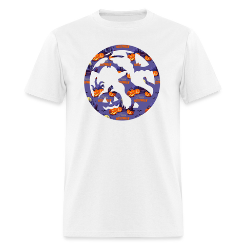 8042 1/4S Happy Halloween on Purple Cat Circle PREMIUM TSHIRT - white