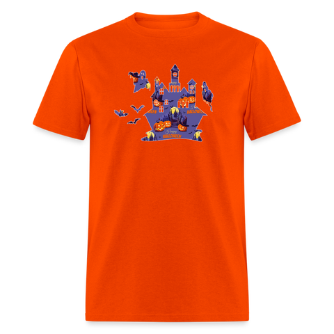 8042 1/4S Happy Halloween on Purple Haunted House PREMIUM TSHIRT - orange