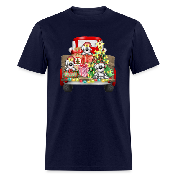 6784 1/4S Christmas Red Truck Pups PREM TSHIRT - navy