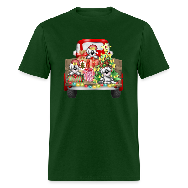 6784 1/4S Christmas Red Truck Pups PREM TSHIRT - forest green