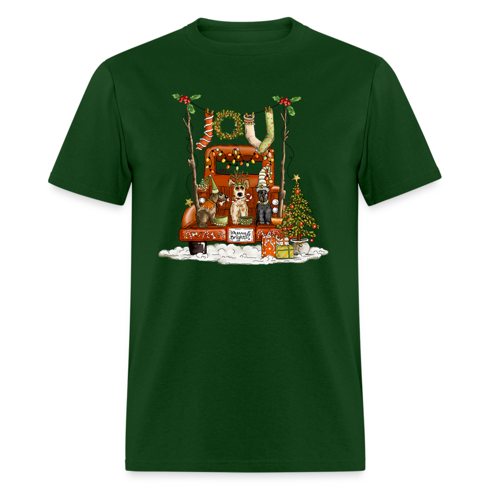 6785 1/4S Old Red Truck Christmas Dogs PREM TSHIRT - forest green