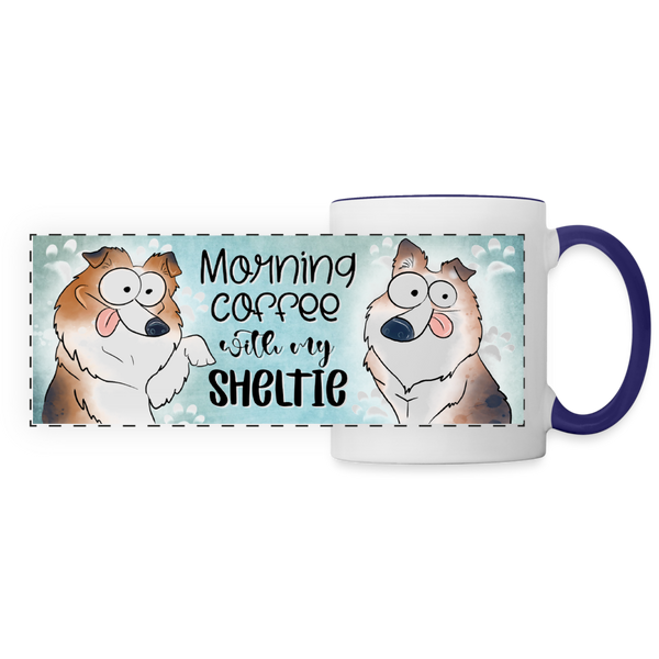 3023 Morning Coffee Sheltie DESIGNER MUGS - white/cobalt blue