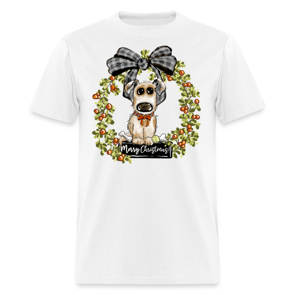 60043 1/4S Merry Christmas Puppy Wreath TSHIRT - white