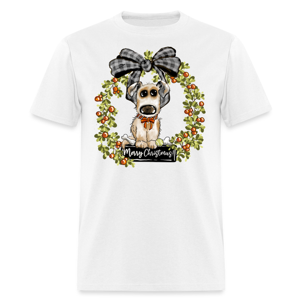 60043 1/4S Merry Christmas Puppy Wreath TSHIRT - white