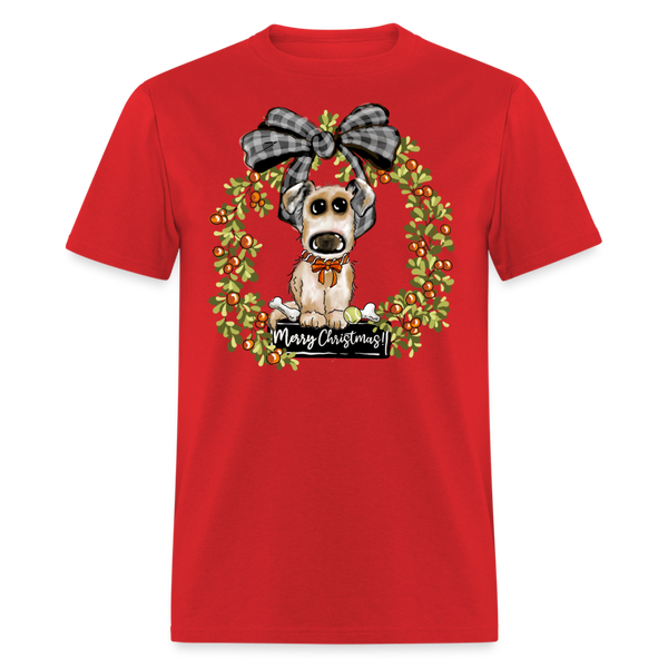 60043 1/4S Merry Christmas Puppy Wreath TSHIRT - red