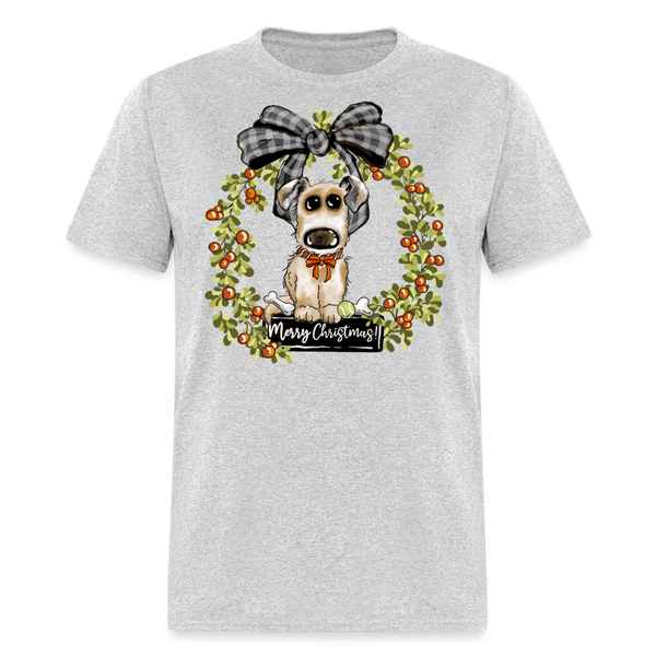 60043 1/4S Merry Christmas Puppy Wreath TSHIRT - heather gray