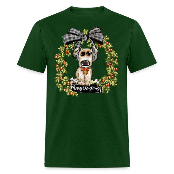 60043 1/4S Merry Christmas Puppy Wreath TSHIRT - forest green