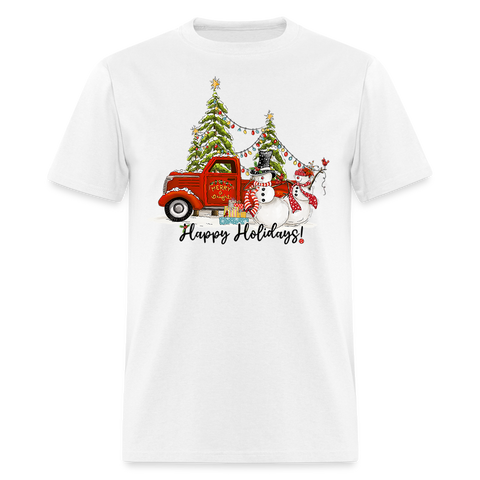 60038 1/4S Happy Holidays Vintage Truck Snowmen TSHIRT - white