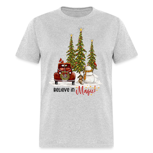 60033 1/4S Believe In Magic Snowman Dog Truck TSHIRT - heather gray