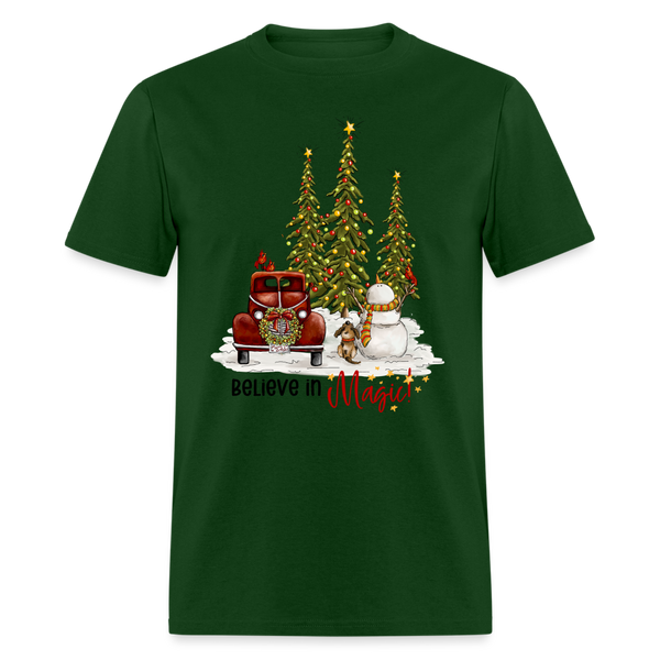 60033 1/4S Believe In Magic Snowman Dog Truck TSHIRT - forest green