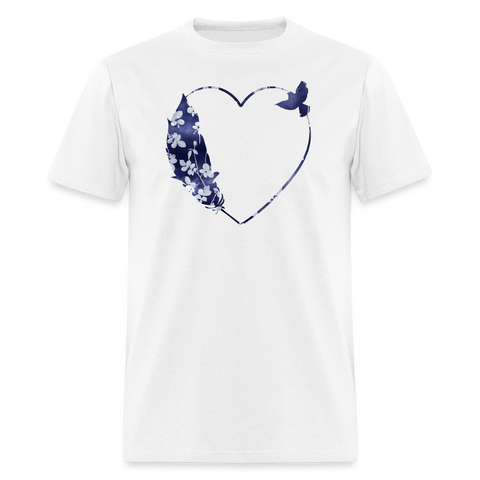 8390 1/4S Suzanne's Cloudy Blue Floral Feather Heart w Dove TSHIRT - white