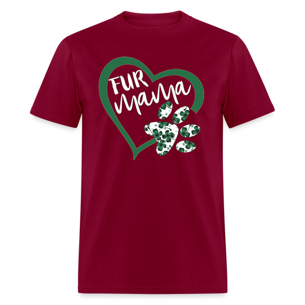 8139 4 Leaf Clovers Fur Mama Heart w Paw POD TSHIRT - burgundy