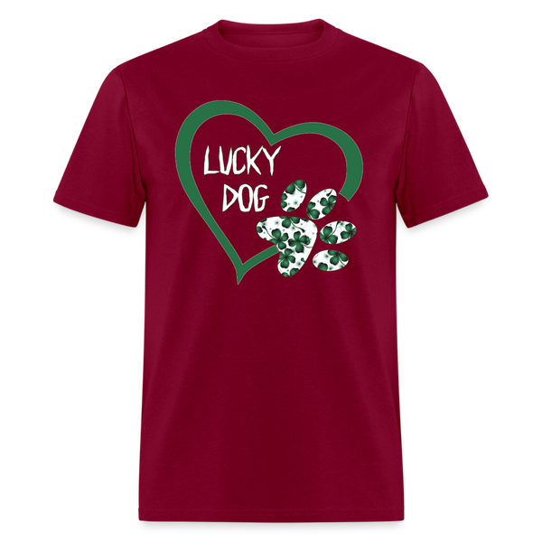 8139 4 Leaf Clovers Lucky Dog Heart w Paw POD TSHIRT - burgundy