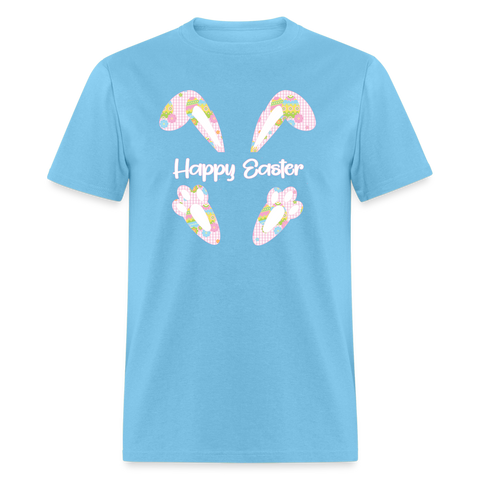 8149 Pink Plaid Easter Happy Easter Ears & Feet POD TSHIRT - aquatic blue